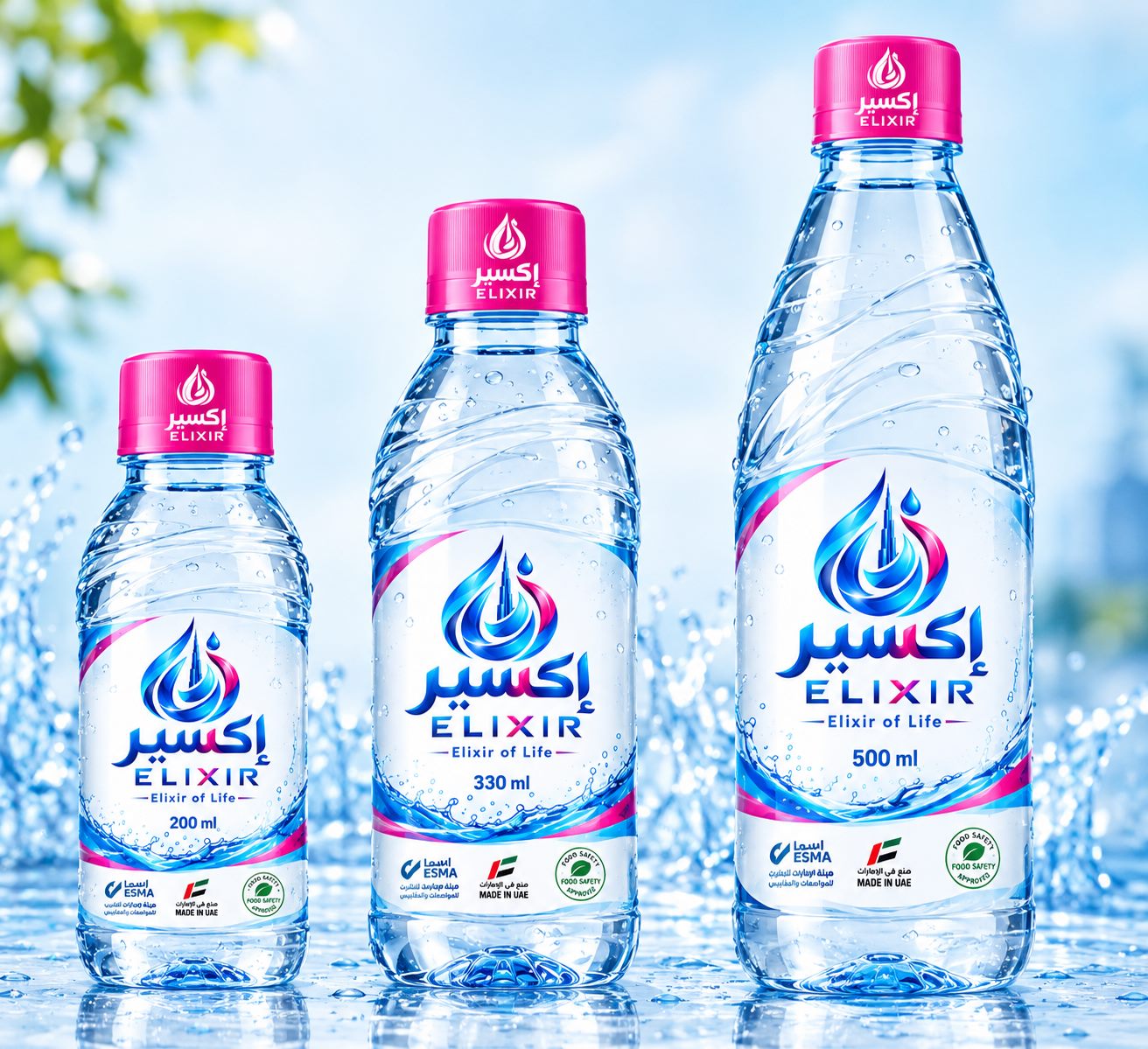 Elixir 200 ml, 330 ml and 500 ml bottles with pink caps and splashing water