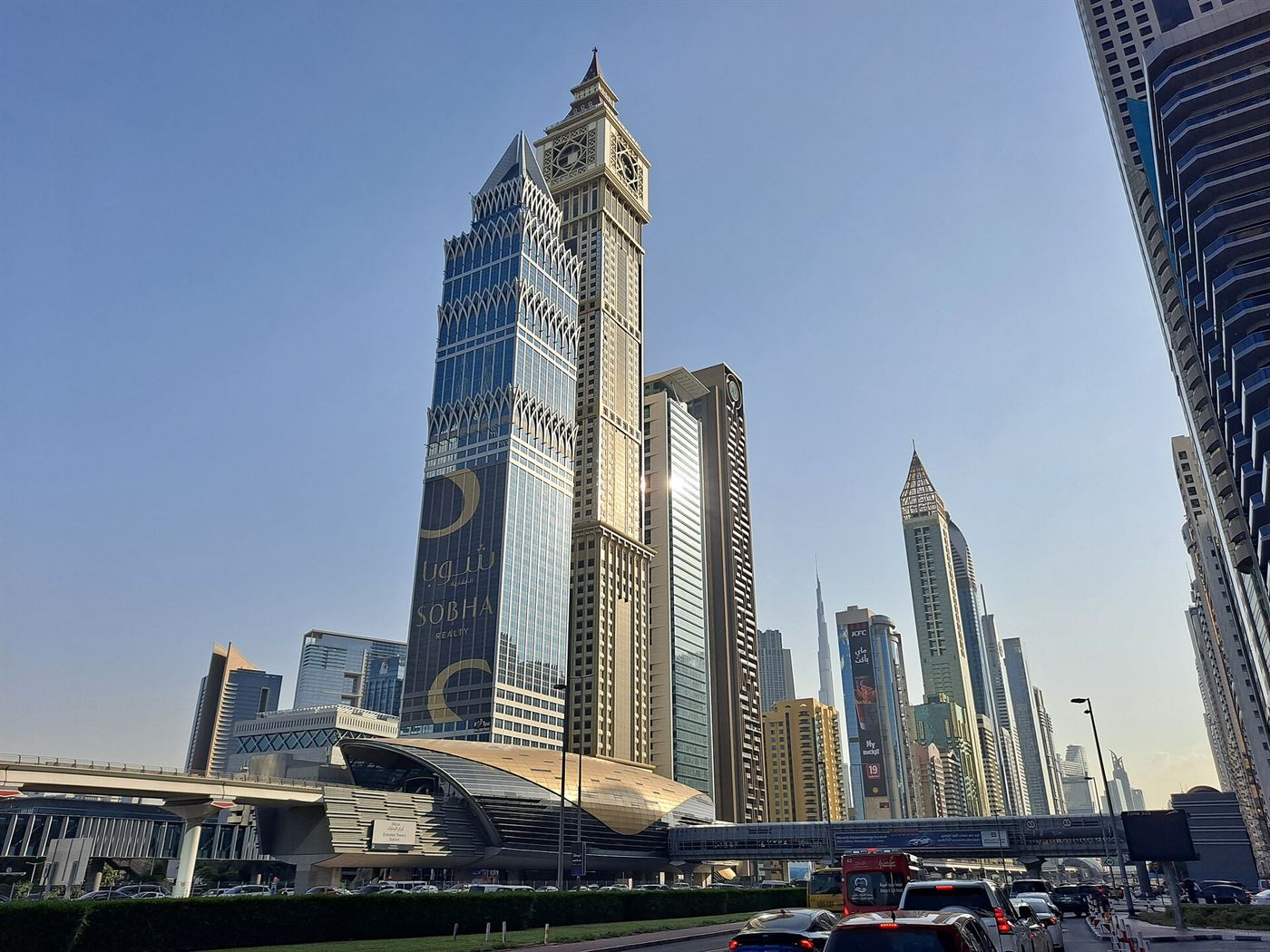 Sheikh Zayed Road in Dubai on a clear day, with the city’s landmark towers