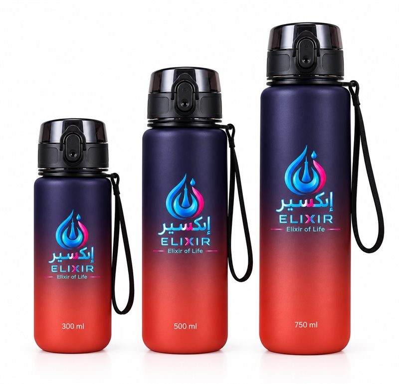 Elixir sports bottles in navy-to-red gradient in 300 ml, 500 ml and 750 ml sizes