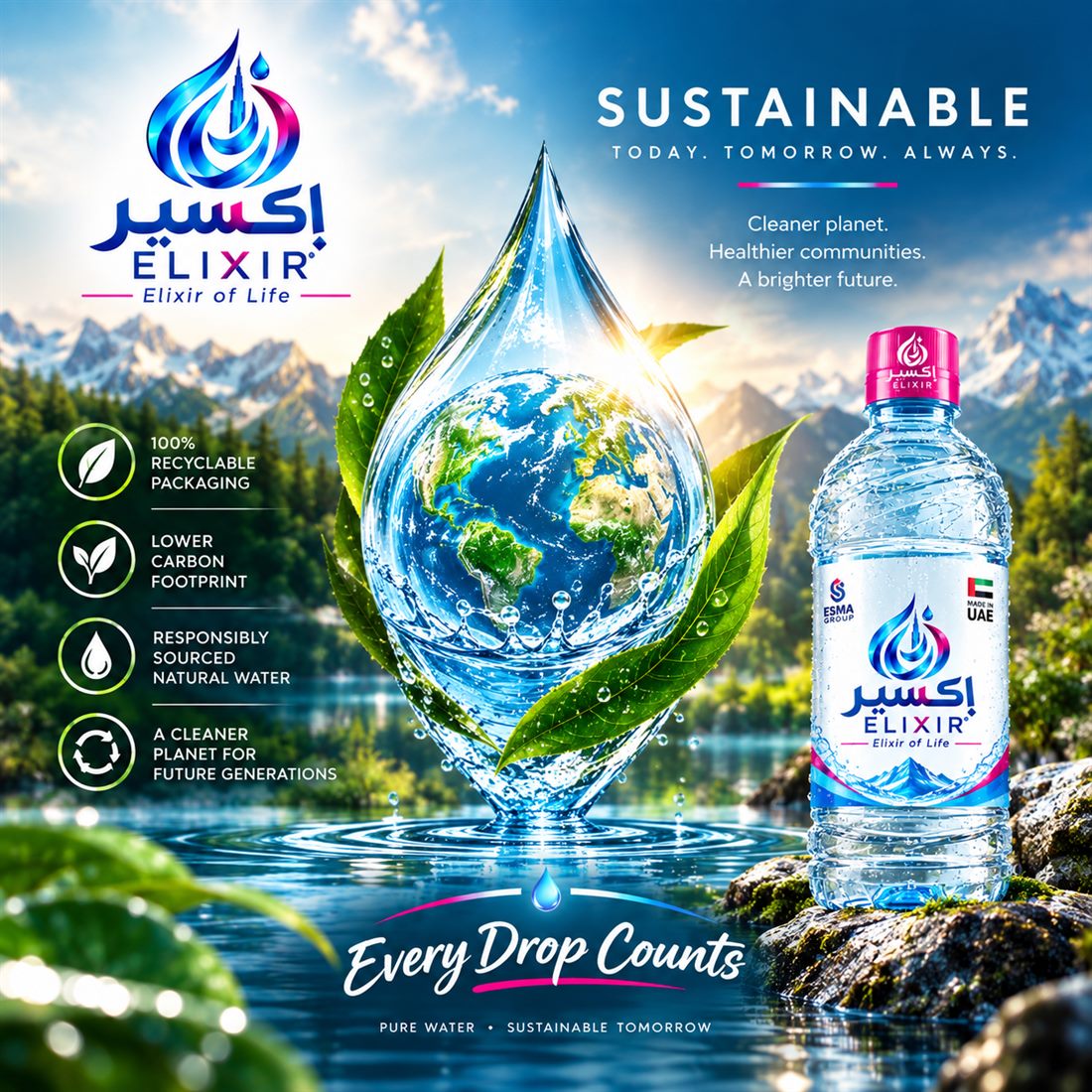 Elixir sustainability poster: a water drop holding the Earth, with green leaves and the Elixir bottle. Sustainable: today, tomorrow, always. Every drop counts.